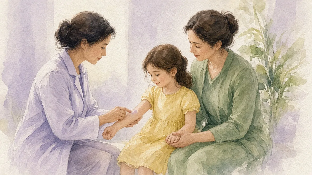 ექიმი ბავშვს ხელზე პატარა სინჯს უტარებს, მშობელი გვერდით ზის
