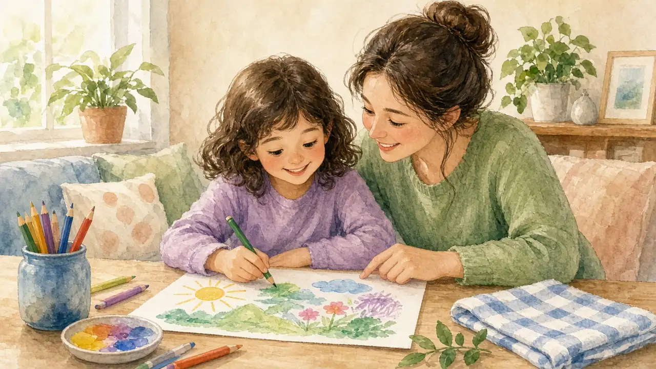 ბედნიერი ბავშვი ხატავს, დედა გვერდით უზის და ეხმარება