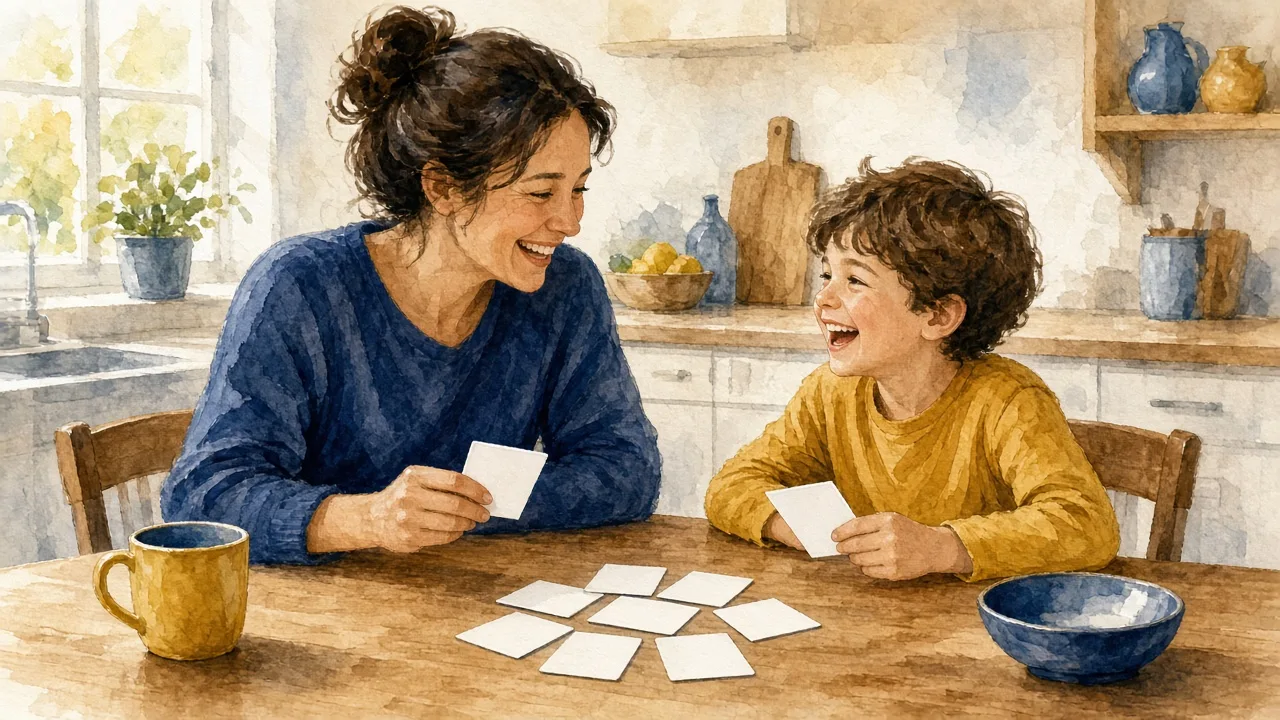 ბავშვი და მშობელი ბარათებით თამაშობენ სამზარეულოში