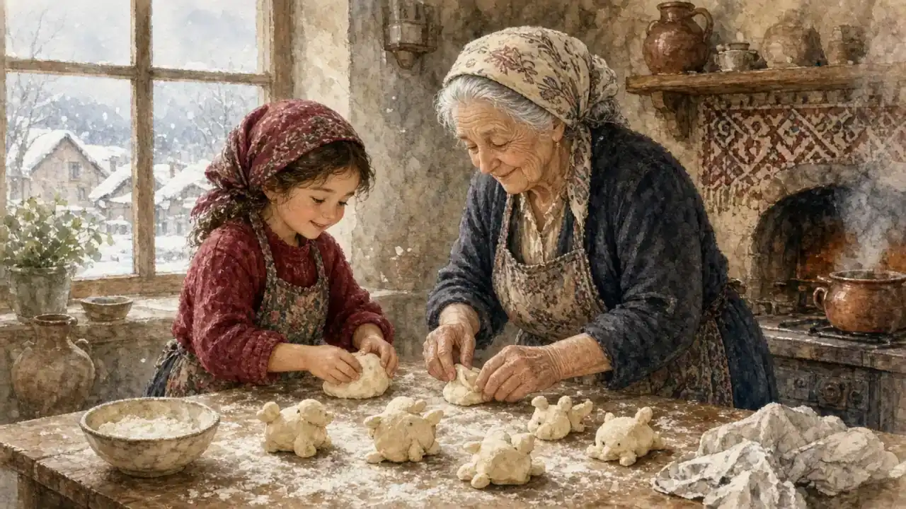 ბებია და შვილიშვილი ცომისგან ფიგურებს აკეთებენ