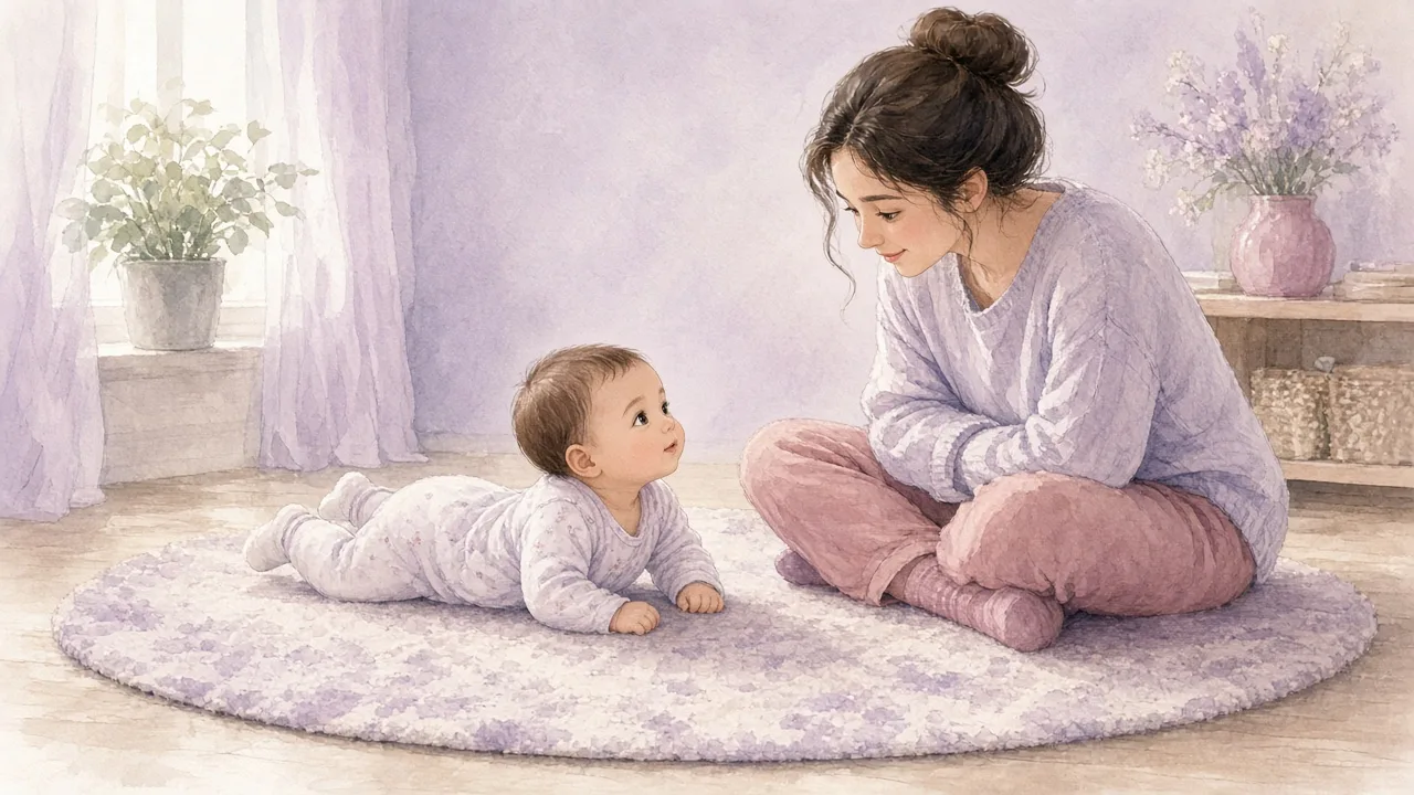 ფხიზელი ჩვილი დღისით ხალიჩაზე მუცელზე წევს, გვერდით დედა უყურებს