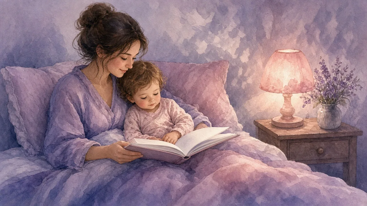 დედა ძილის წინ საწოლში პატარა ბავშვს წიგნს უკითხავს ღამის ნათურის შუქზე