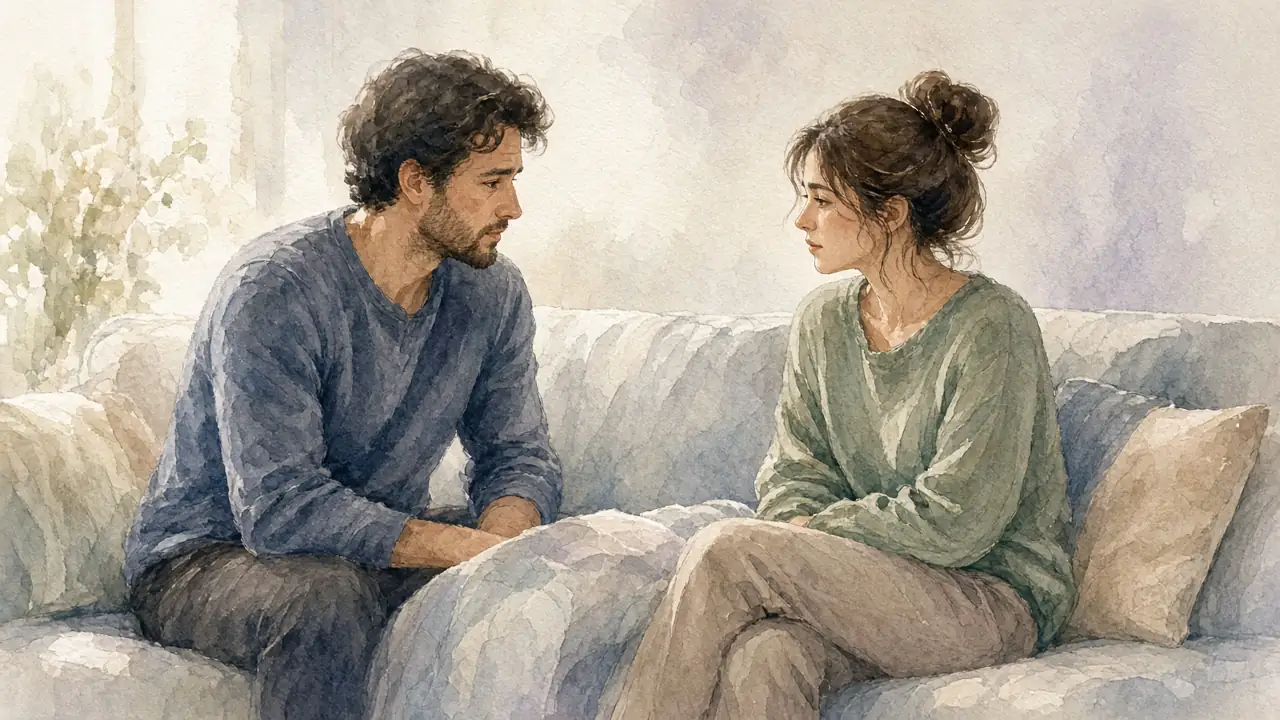 წყვილი დივანზე გულწრფელად საუბრობს