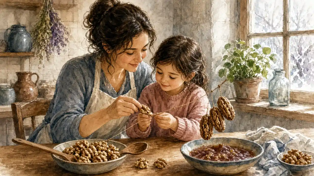 დედა და შვილი ნიგოზს ძაფზე აცმევენ