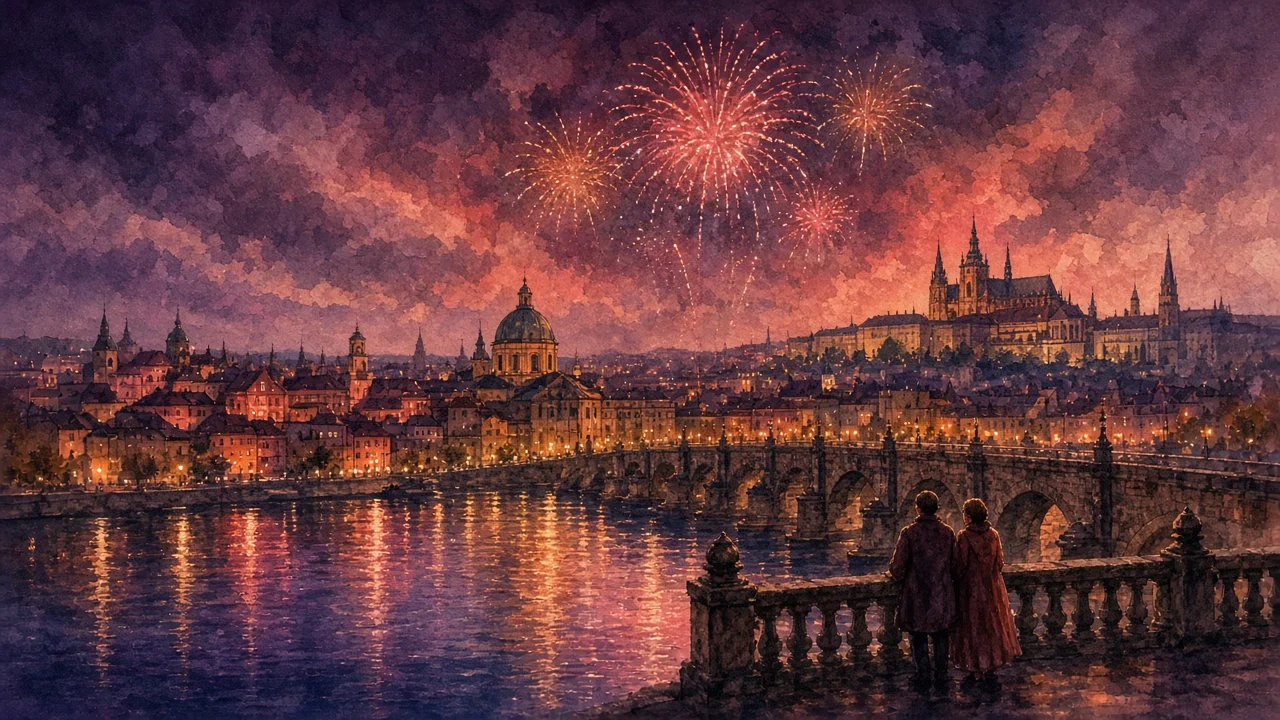 ქალაქის ღამის ხედი ფეიერვერკით და ხიდზე მდგარი ორი პატარა ფიგურა