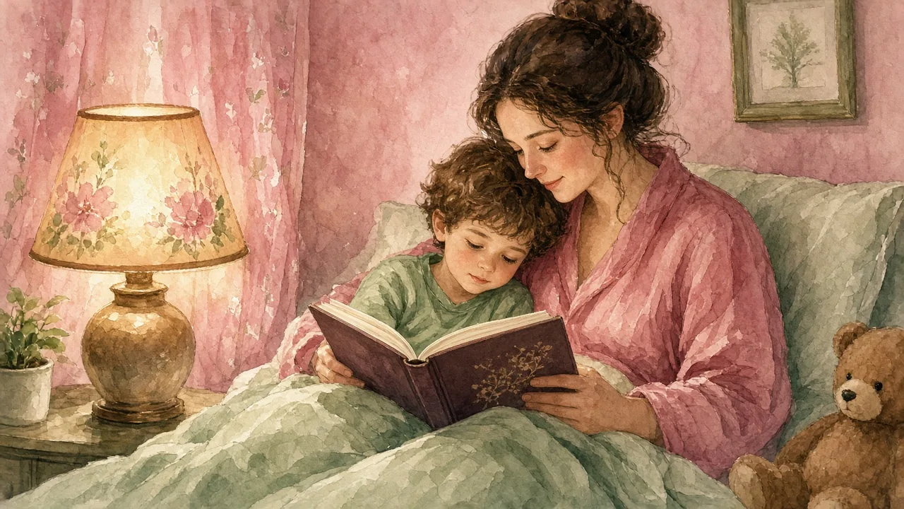 დედა ძილის წინ შვილს ლექსების წიგნს უკითხავს