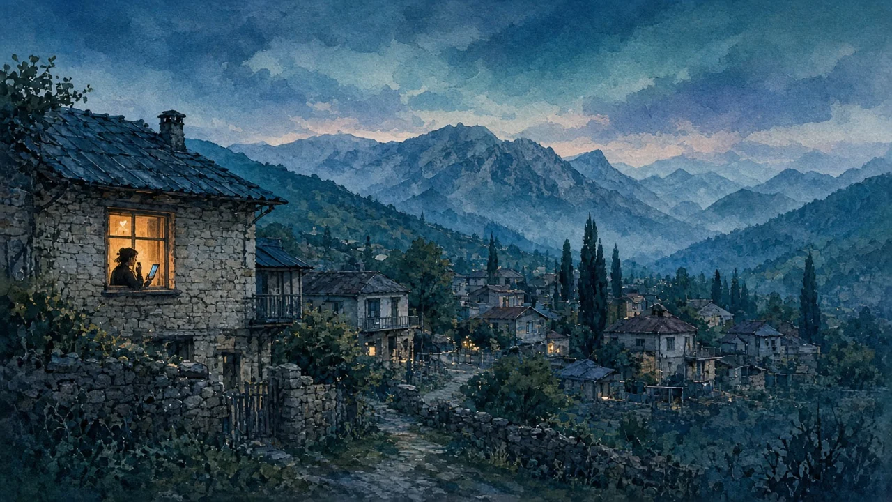 სოფლის სახლი საღამოს და ფანჯარასთან ტელეფონით მოსაუბრე პატარა ფიგურა