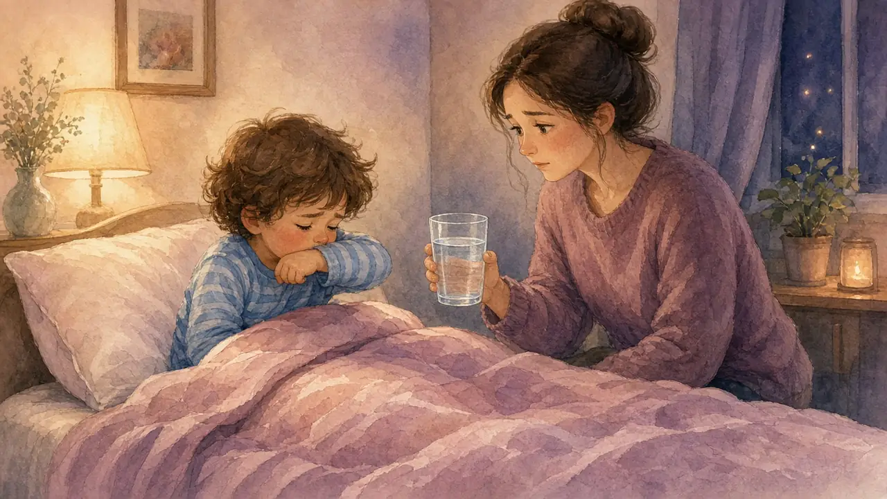 ხველიანი ბავშვი საწოლში, დედა წყალს აწვდის