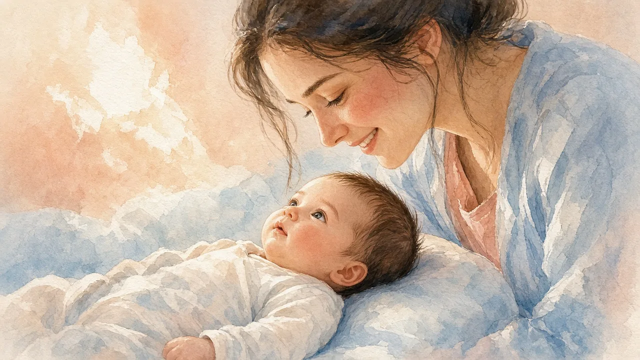 ორი თვის ჩვილი ზურგზე წევს და დედის სახეს უყურებს