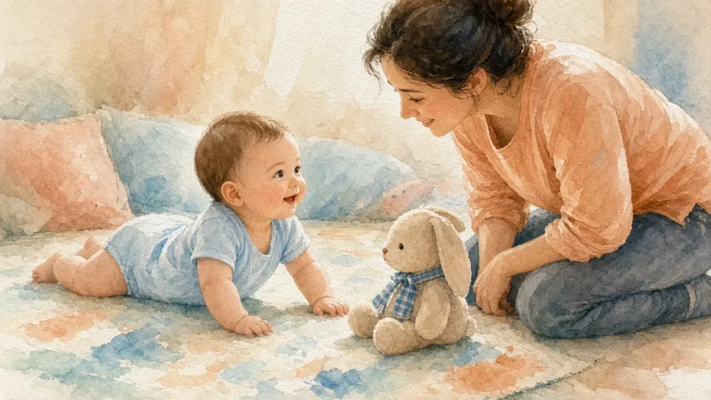 ჩვილი მუცელზე წევს, ხელებზე იწევს და რბილ სათამაშოს უღიმის