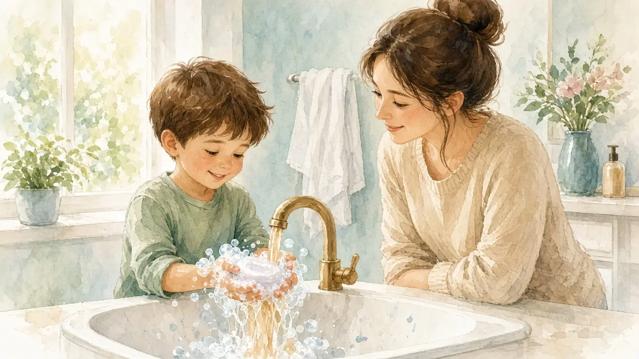 ბავშვი ხელებს საპნით იბანს