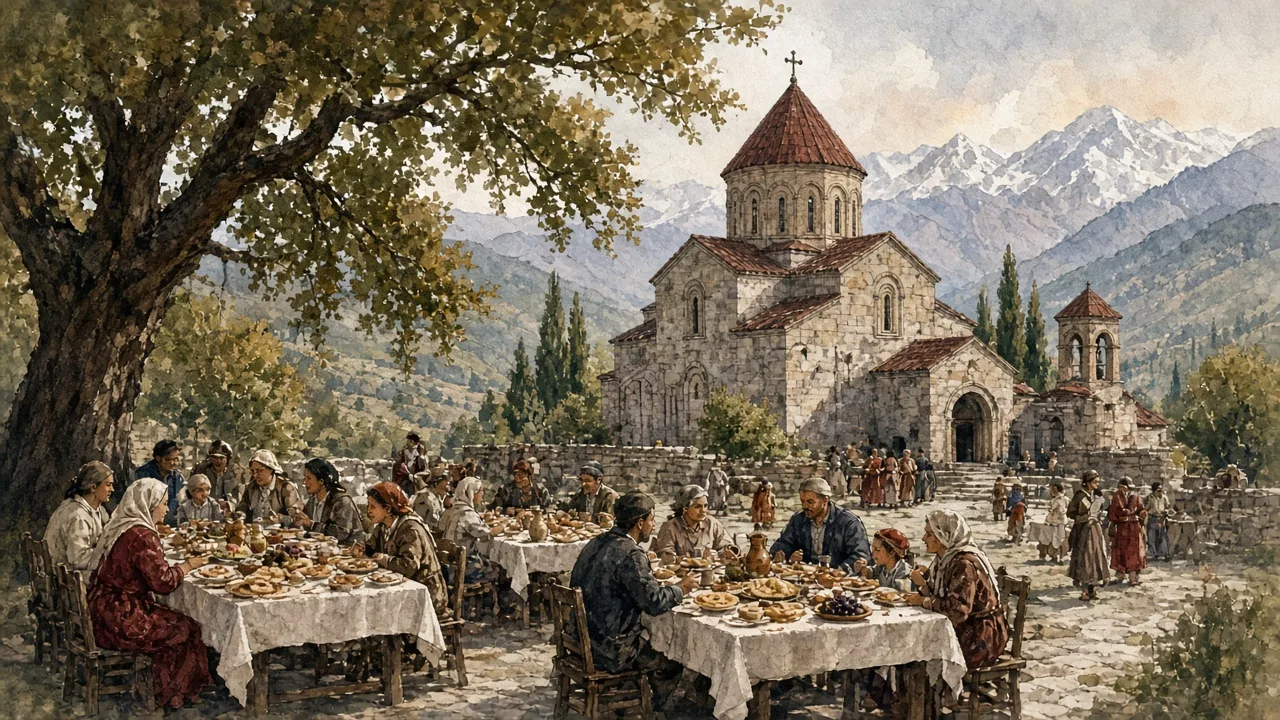 სოფლის დღეობა ეკლესიის ეზოში, ხალხი სუფრასთან