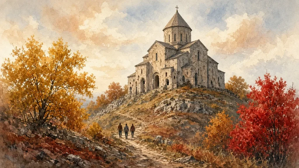 ძველი ქართული ქვის ეკლესია ნოემბრის მზეზე, ეზოში რამდენიმე ადამიანი