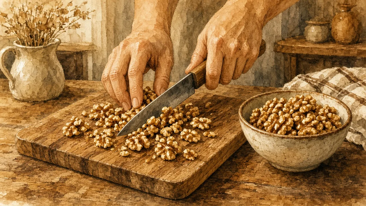 ხელები ნიგოზს ჭრიან სამზარეულოს დაფაზე