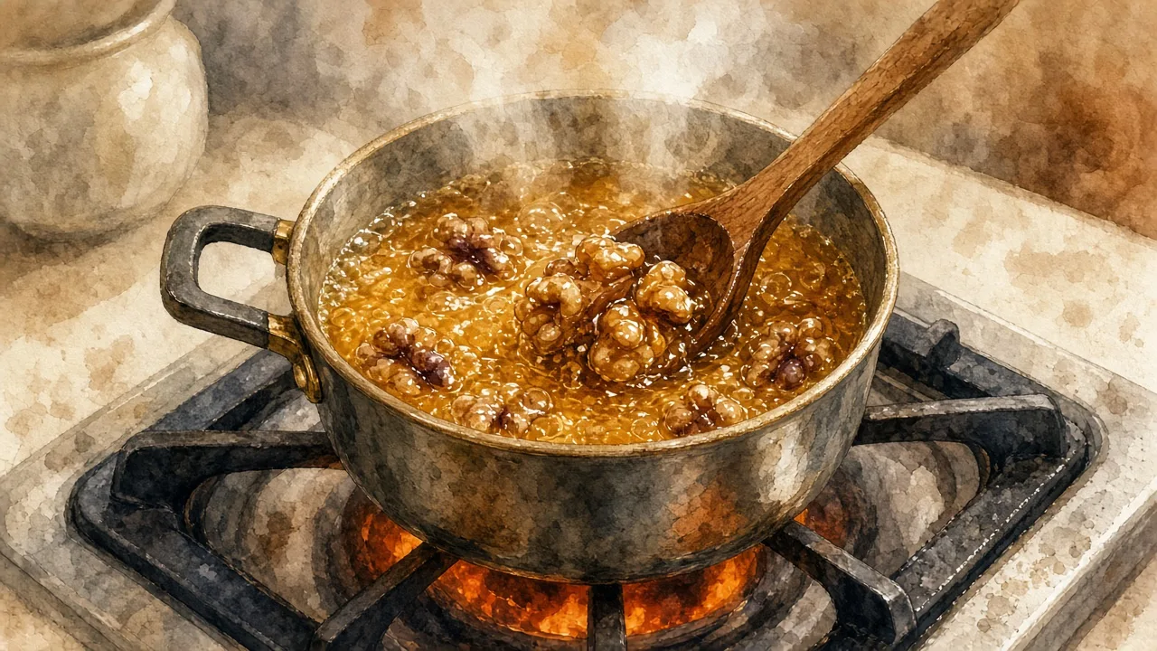 ქვაბში თაფლი დუღს და შიგ ნიგოზს ურევენ ხის კოვზით
