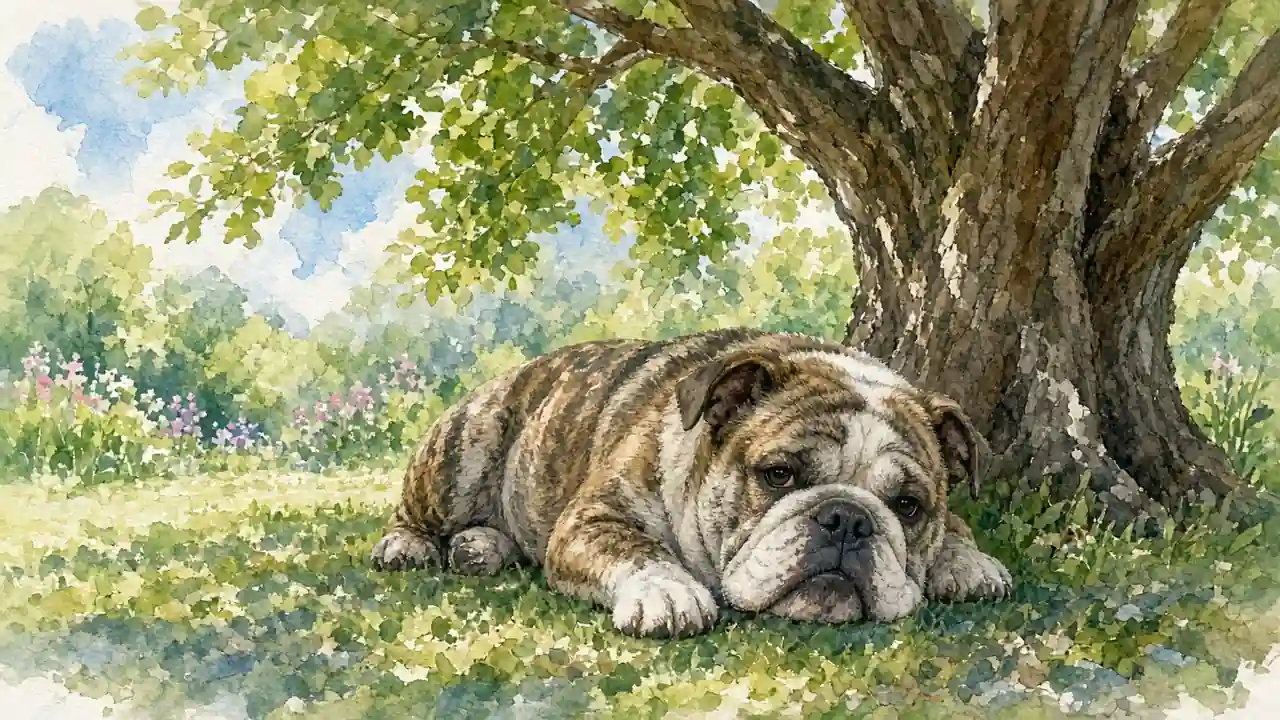 ბრინდლი ბულდოგი ხის ჩრდილში ისვენებს