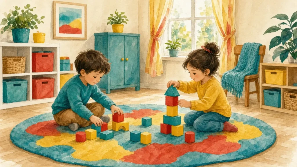 ბავშვები ფერად კუბებს ითვლიან