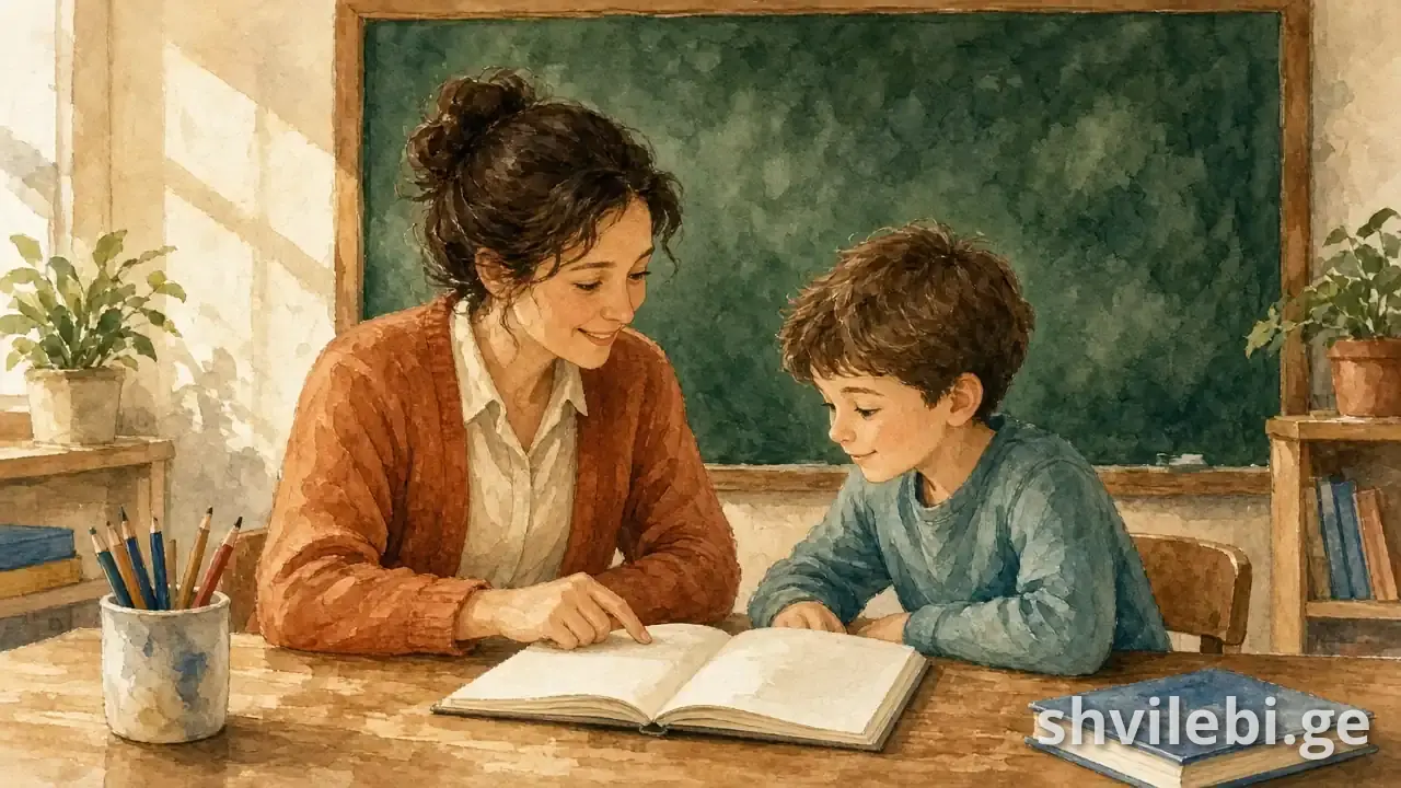 აკვარელით დახატული მასწავლებელი და მოსწავლე ერთად კითხულობენ წიგნს კლასში (საილუსტრაციო ნახატი)