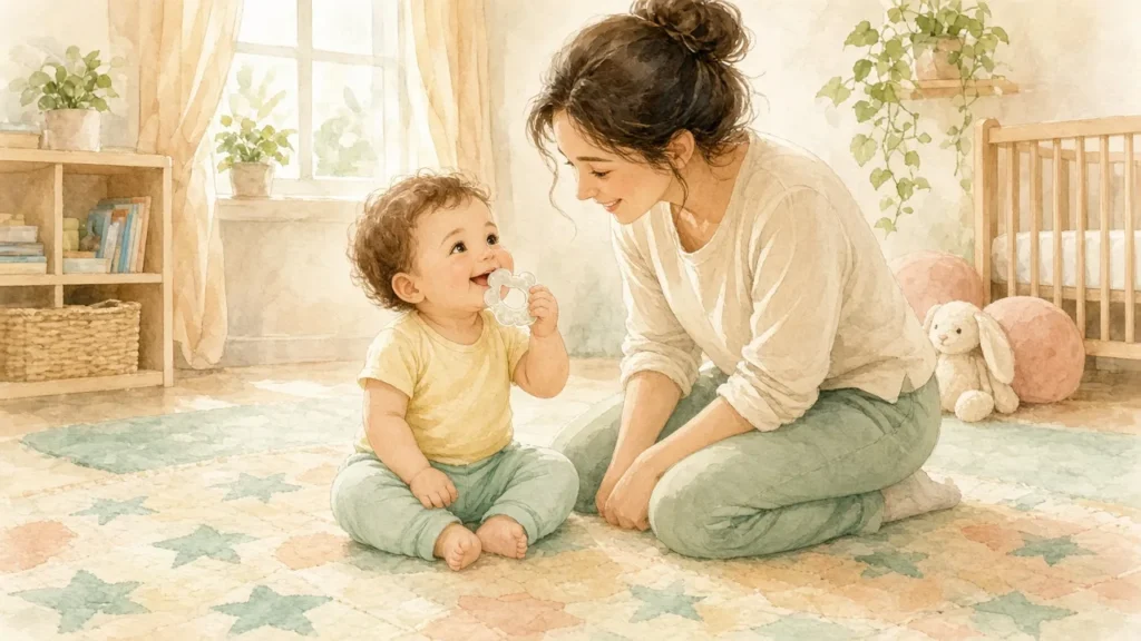 ჩვილი ღიმილით საღეჭ რგოლს ღეჭავს