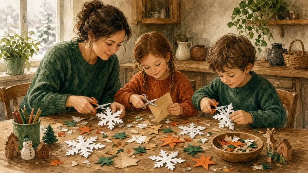 ბავშვები და მშობელი ქაღალდის დეკორაციებს ამზადებენ