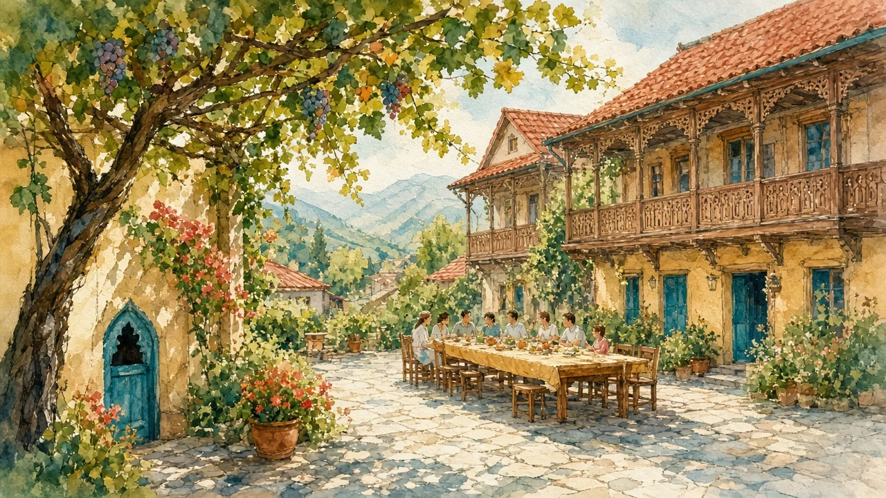 ოჯახის სახლის ეზო ვაზით და პატარა ფიგურებით