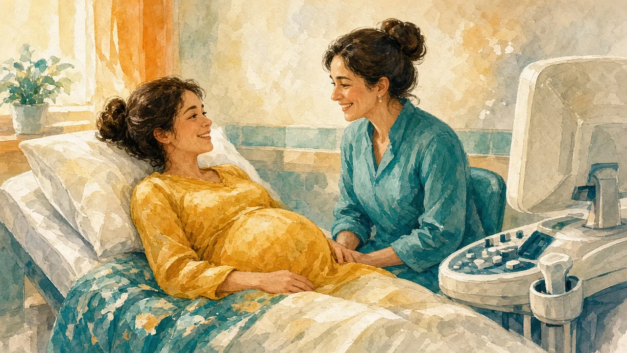 ორსული ქალი კლინიკის ტახტზე წევს და მომღიმარ სპეციალისტს ესაუბრება