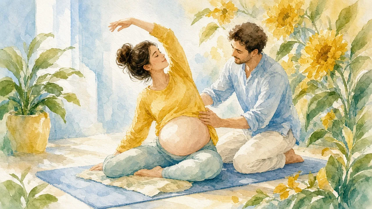 ორსული ქალი ხალიჩაზე მსუბუქ გაჭიმვის ვარჯიშს აკეთებს, გვერდით მეუღლე უზის