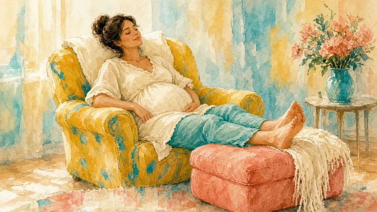 ორსული ქალი სავარძელში ზის და ფეხები რბილ სკამზე აქვს შეწყობილი