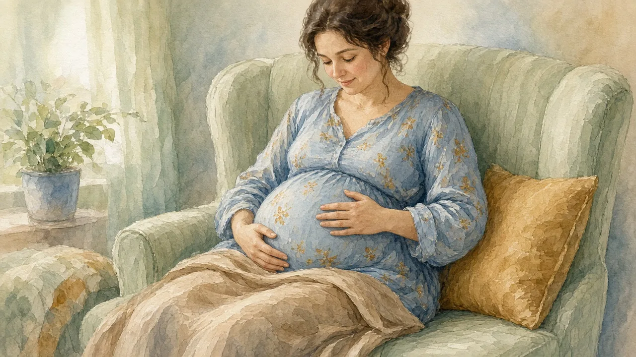 ორსული ქალი სავარძელში მშვიდად ზის, მუცელზე ორივე ხელი უდევს და იღიმის