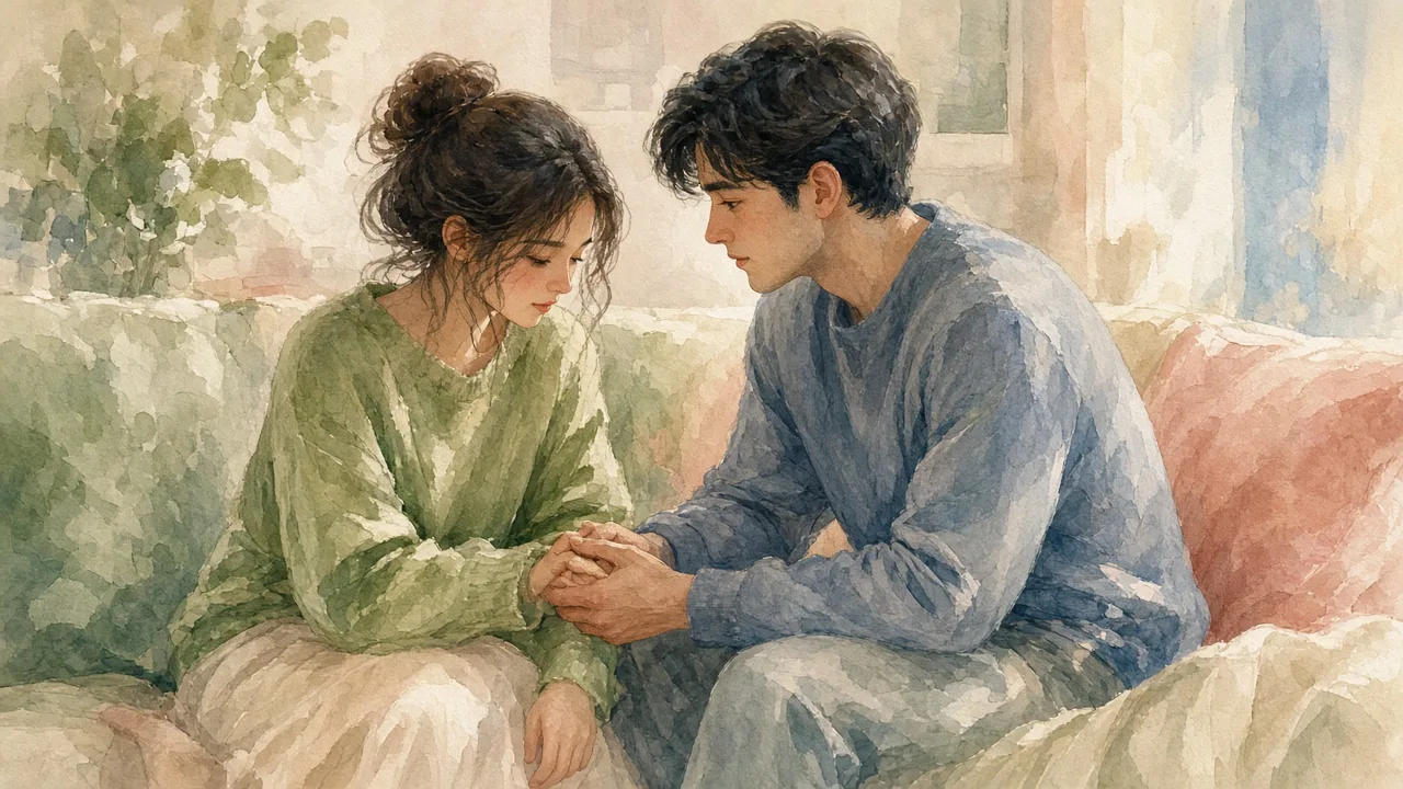 წყვილი დივანზე გვერდიგვერდ ზის, პარტნიორს ქალის ხელი უჭირავს და ყურადღებით უსმენს