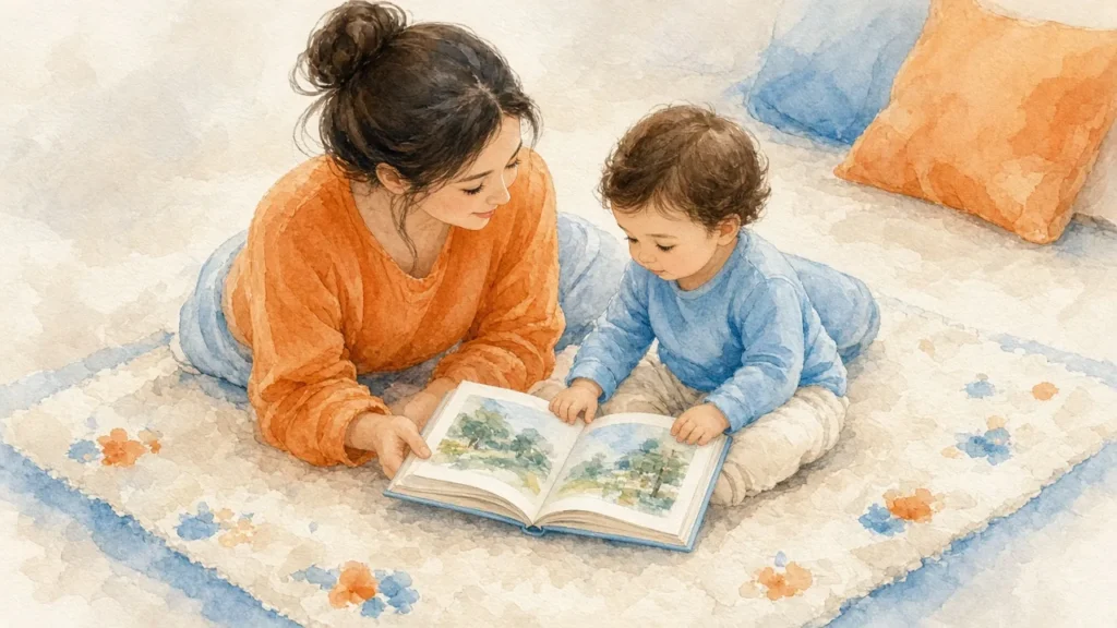 დედა და პატარა ბავშვი ერთად კითხულობენ სურათებიან წიგნს