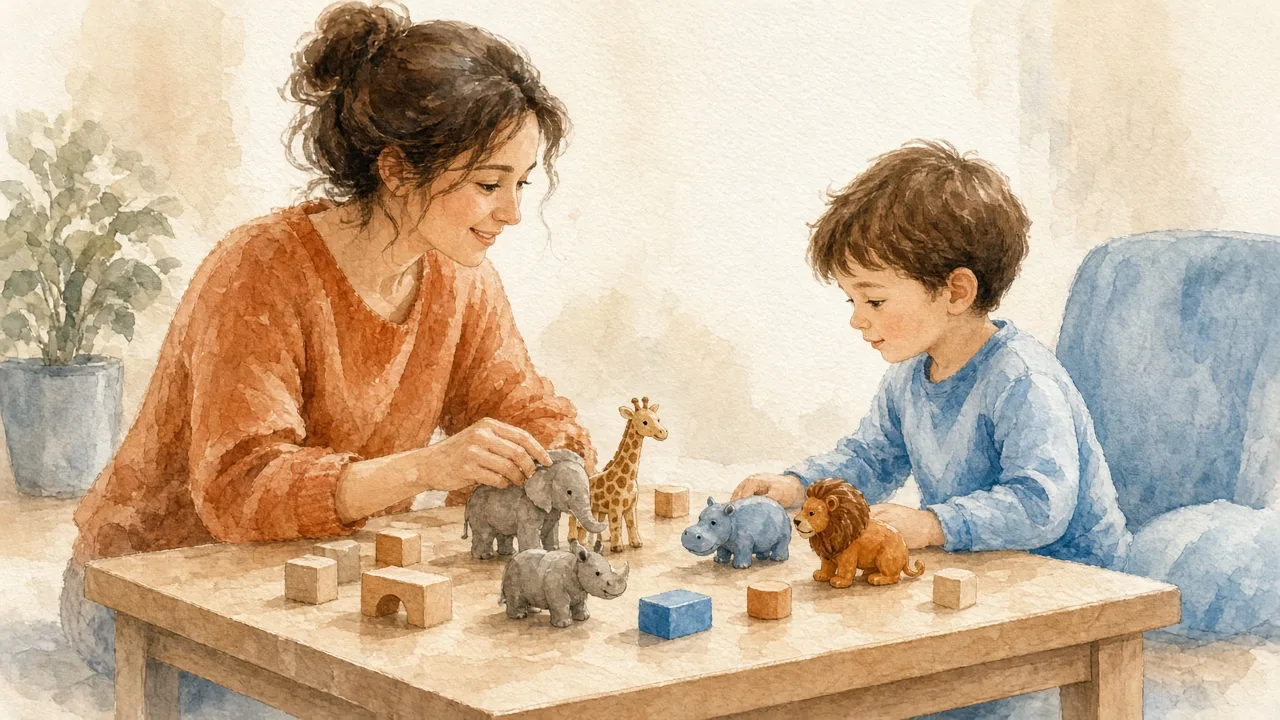 ლოგოპედი ბავშვს სათამაშოებით ეთამაშება მაგიდასთან