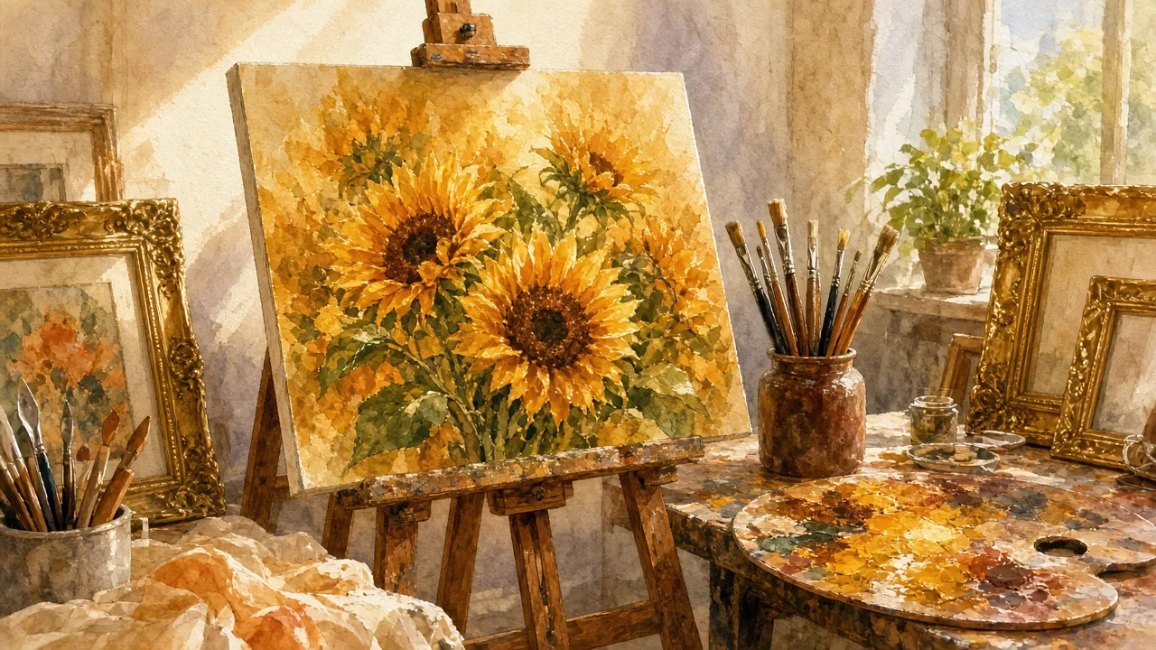 მოლბერტი მზესუმზირის ნახატით მზიან სახელოსნოში — ლომი კარიერაში