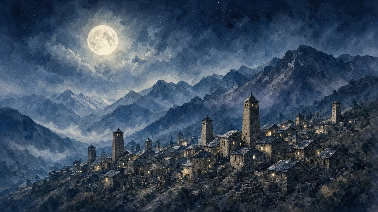 სავსე მთვარე მთის სოფლის თავზე ღამით