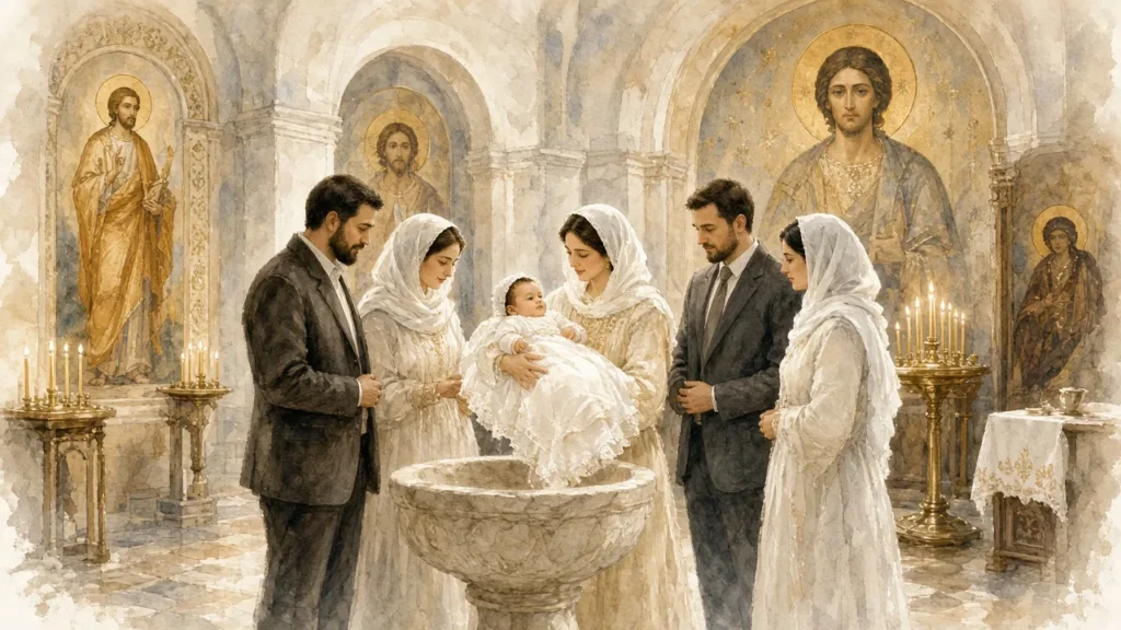 ოჯახი და ნათლიები თეთრ სამოსში გამოწყობილი ჩვილით ემბაზთან ტაძარში