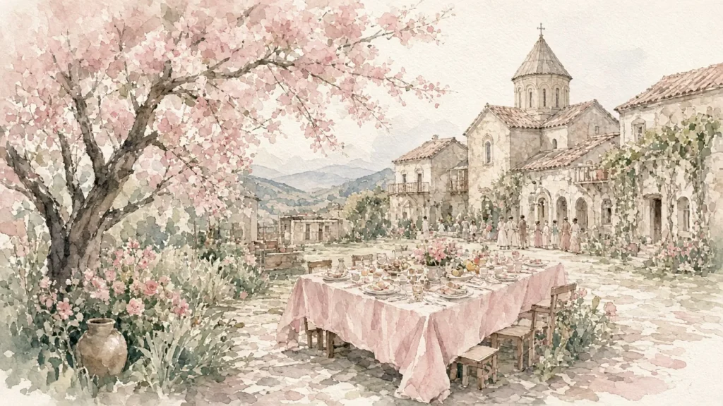 სოფლის ეზოში გაშლილი სუფრა და პატარა ფიგურები შორს
