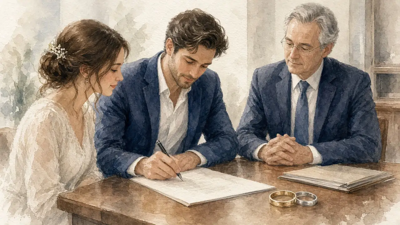 წყვილი ნოტარიუსთან ქორწინების ხელშეკრულებას აწერს ხელს
