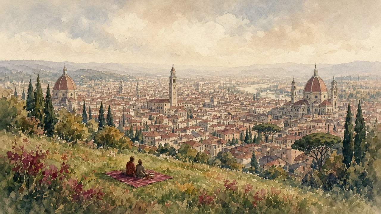 წყვილი პიკნიკზე ბორცვზე ქალაქის ხედით