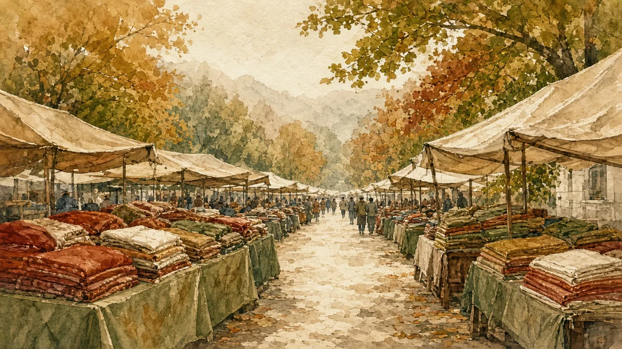შემოდგომის ბაზარი ფერადი ქსოვილებით და პატარა ფიგურებით