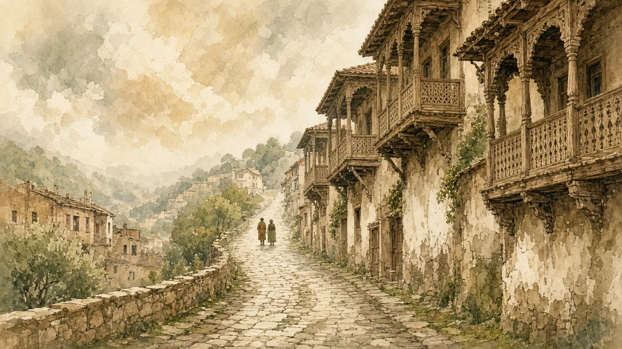 ძველი თბილისის აივნიანი ქუჩა და მოსიარულე პატარა ფიგურები