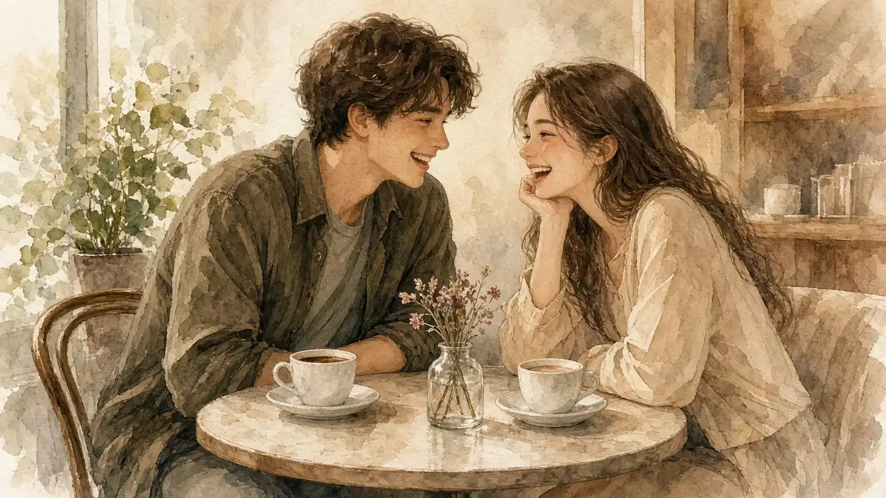 ბიჭი და გოგო კაფეში იცინიან და ერთმანეთს უყურებენ, მოწონების ნიშნები