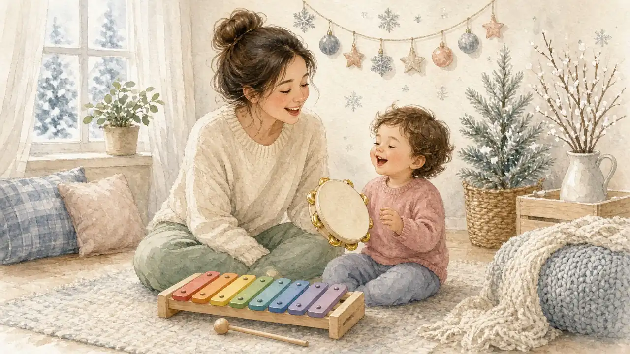 დედა და პატარა ქსილოფონით და დაფდაფით მღერიან