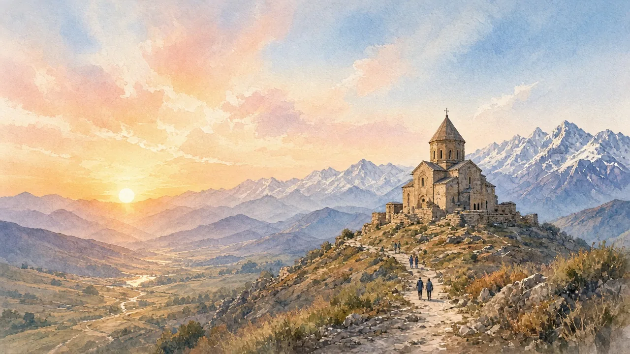 ძველი ქართული ეკლესია მთაში მზის ამოსვლისას