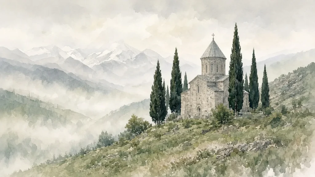 მშვიდი მთის ეკლესია კვიპაროსებით, დილის ნისლი