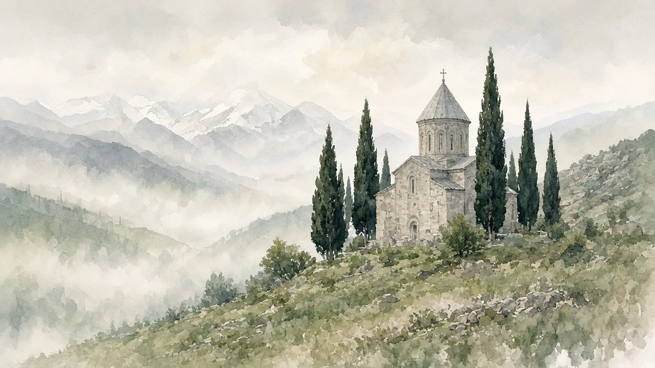 მშვიდი მთის ეკლესია კვიპაროსებით, დილის ნისლი