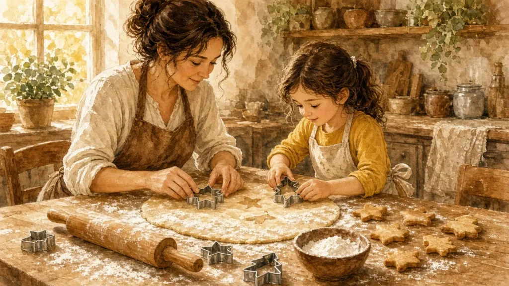 დედა და ბავშვი ორცხობილის ცომს ფორმებით ჭრიან