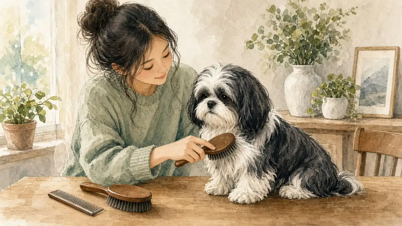 ქალი შავ-თეთრ შიცუს ბეწვს ავარცხნის
