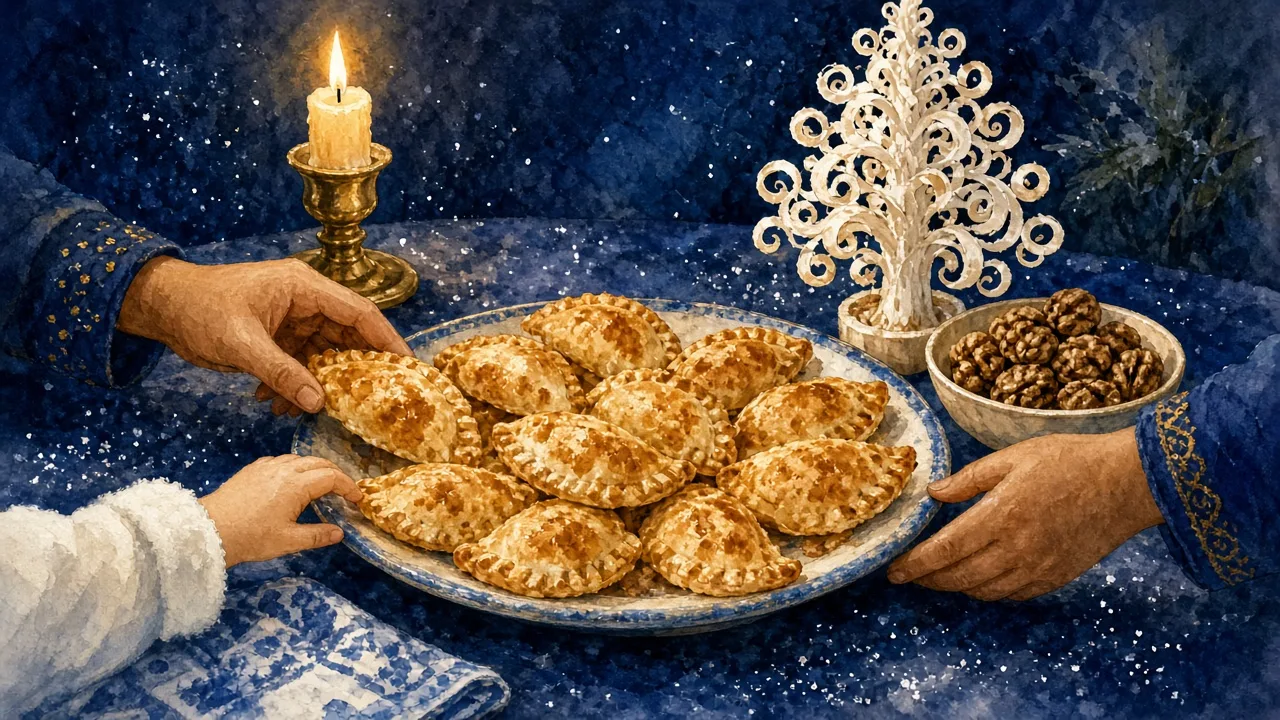 საშობაო სუფრა ღვეზელით და ჩიჩილაკით