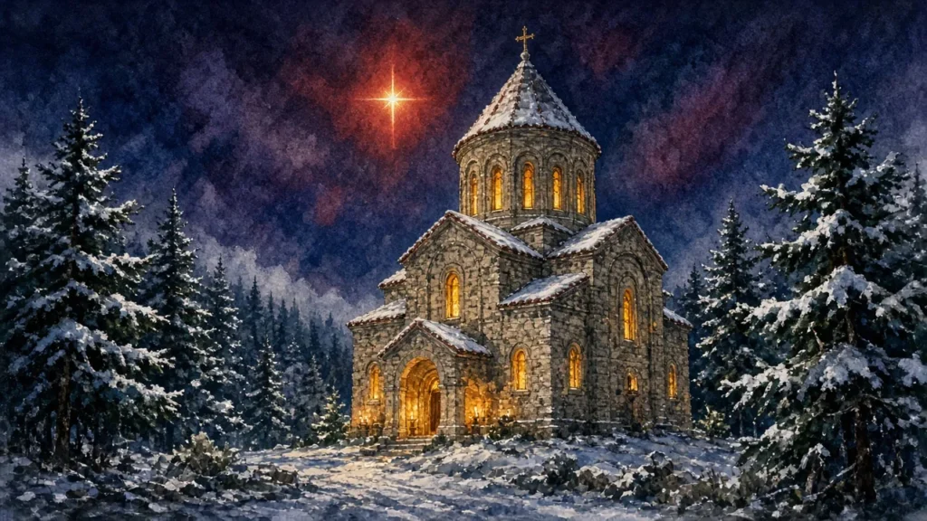 თოვლიანი ქართული ქვის ეკლესია შობის ღამეს, ანთებული ფანჯრებით და ვარსკვლავით