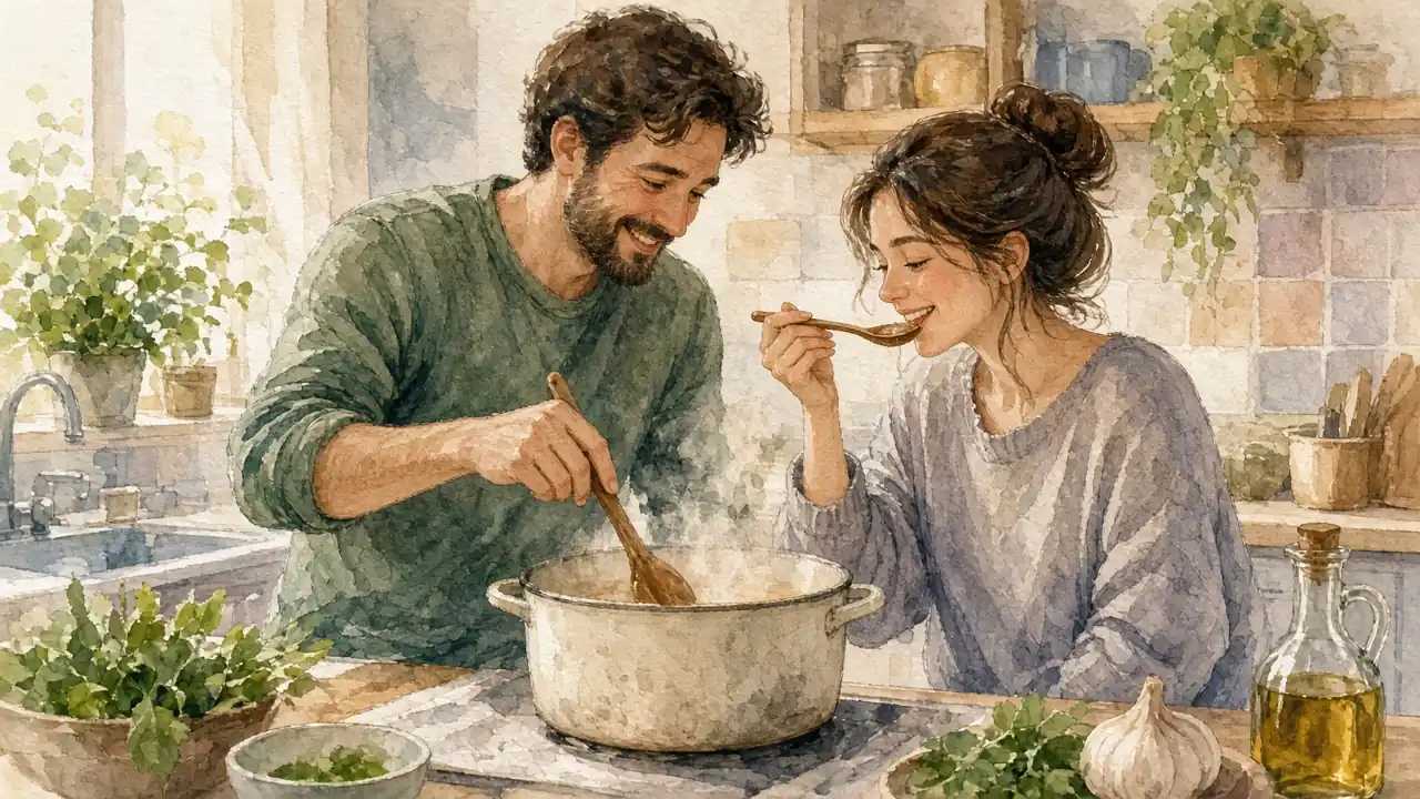წყვილი სამზარეულოში ერთად ამზადებს საჭმელს